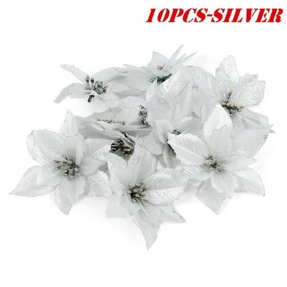(silver) Christmas Flowers Christmas Tree Decor False Flower Glitter Wedding Party Artificial Flowers Decor