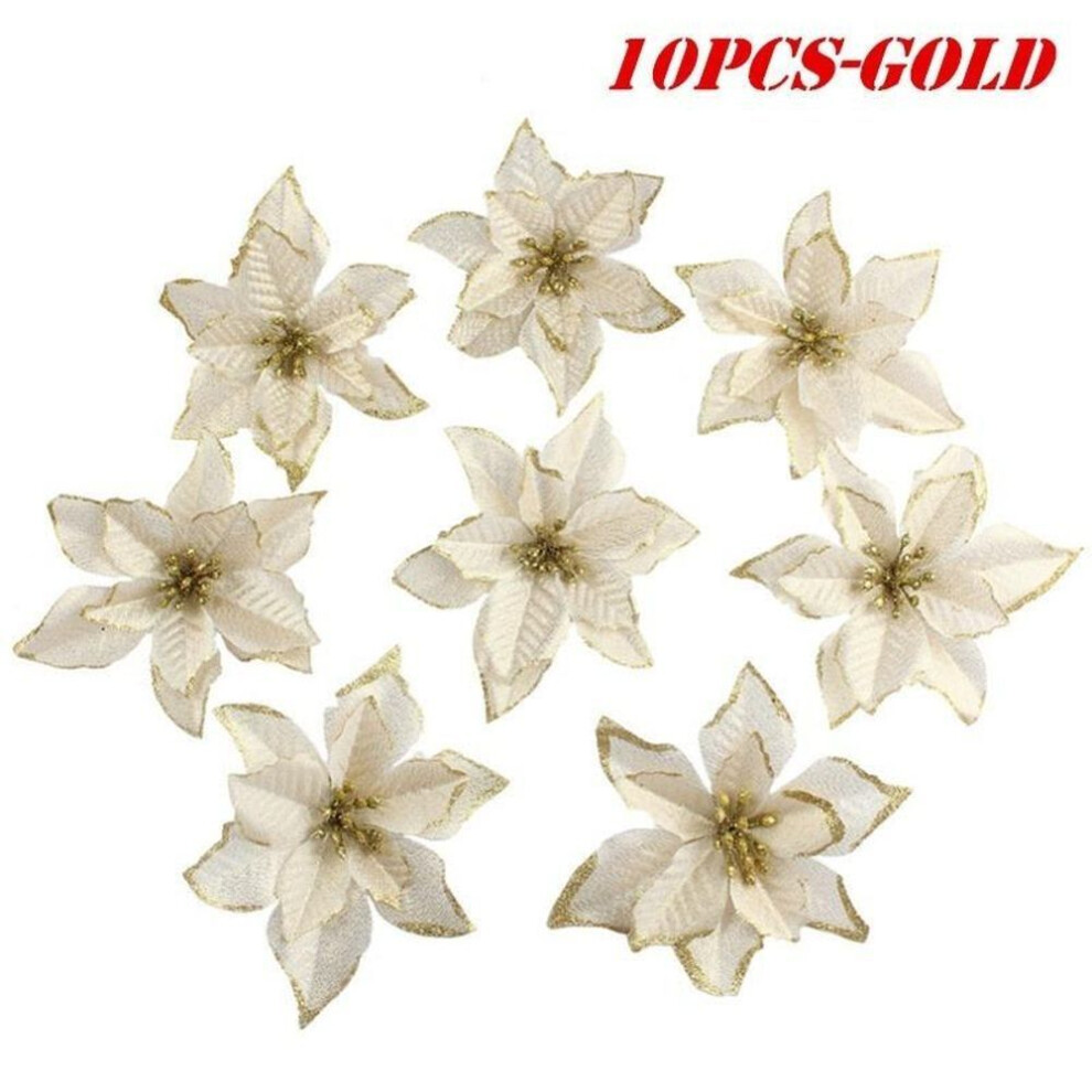 (gold) Christmas Flowers Christmas Tree Decor False Flower Glitter Wedding Party Artificial Flowers Decor