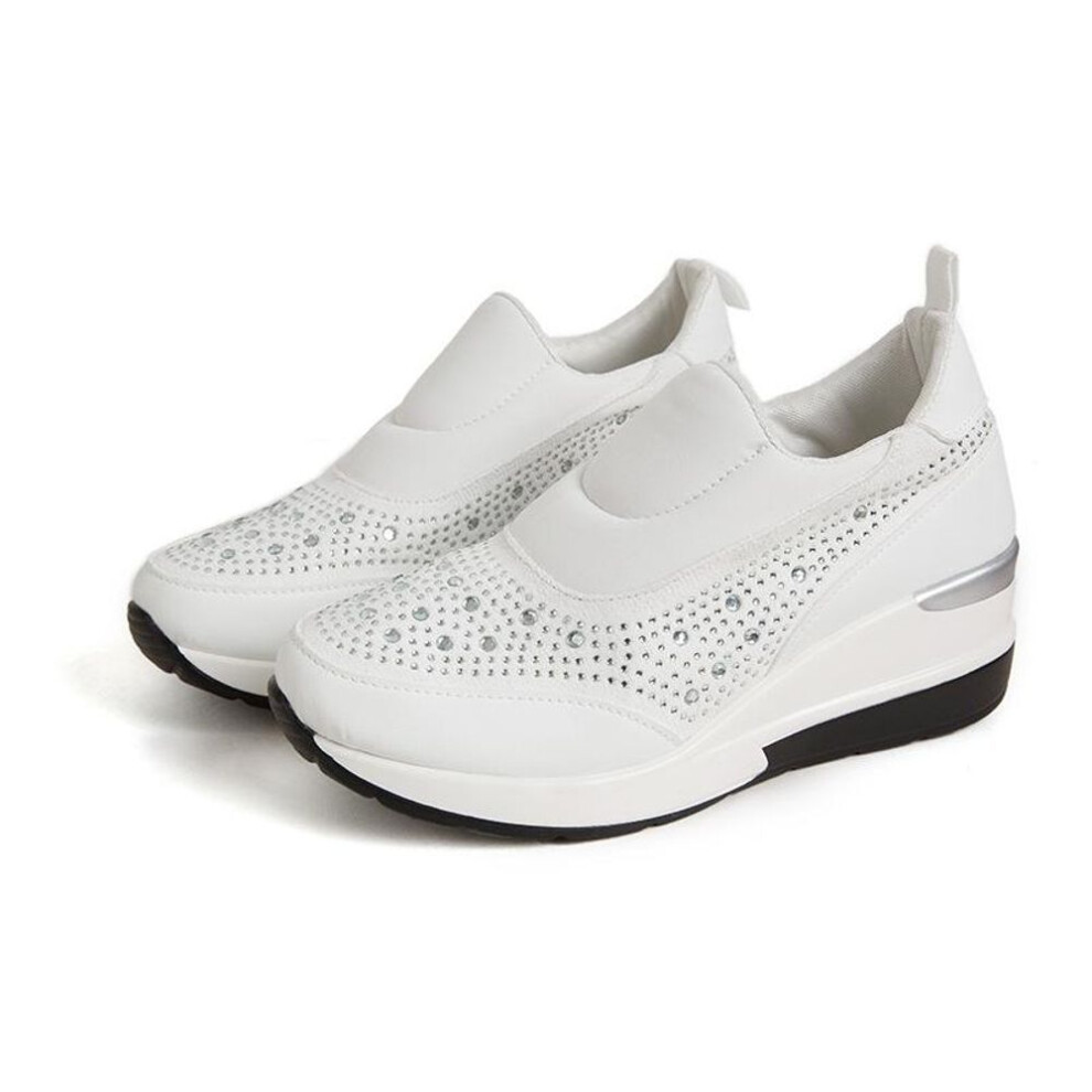 (white, 35) Womens Fashion Platform Shoes With Rhinestones Hidden Wedge Heel High Top Sneakers For Women Platform Boots Working Shoes Women