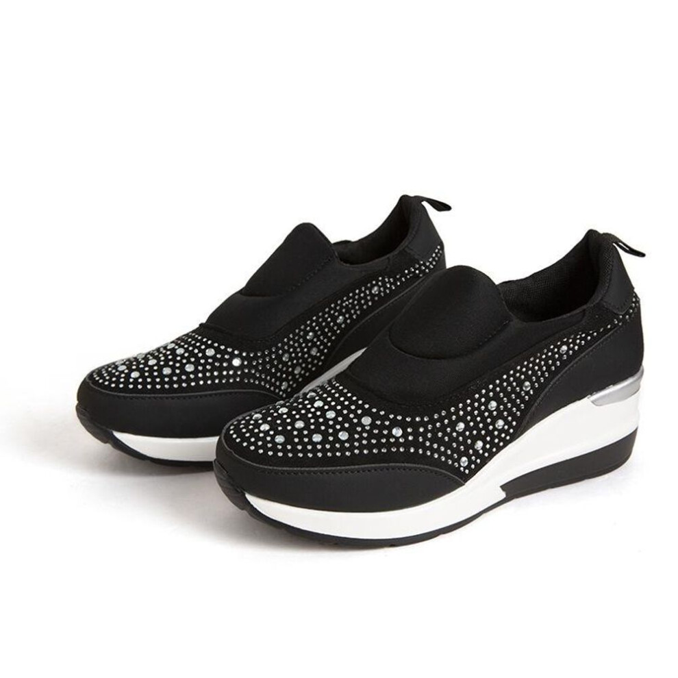 (black, 36) Womens Fashion Platform Shoes With Rhinestones Hidden Wedge Heel High Top Sneakers for Women Platform Boots Working Shoes Women