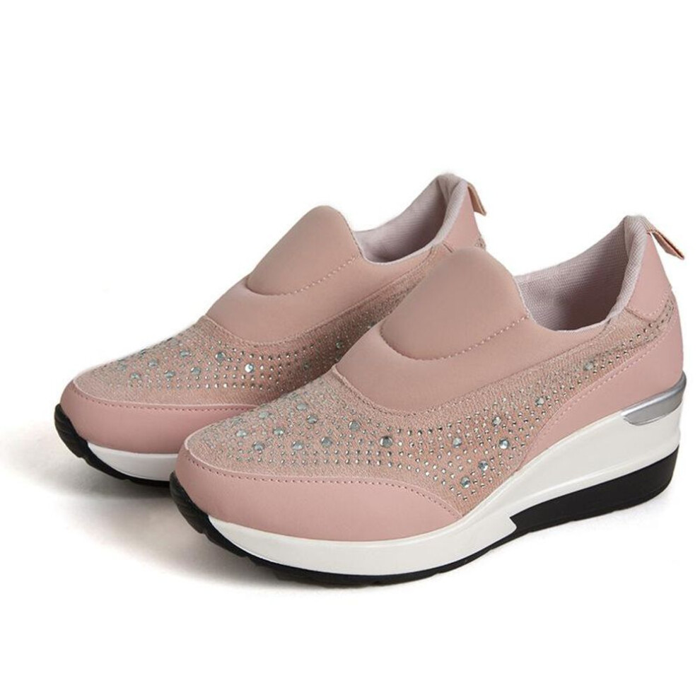 (pink, 39) Womens Fashion Platform Shoes With Rhinestones Hidden Wedge Heel High Top Sneakers For Women Platform Boots Working Shoes Women