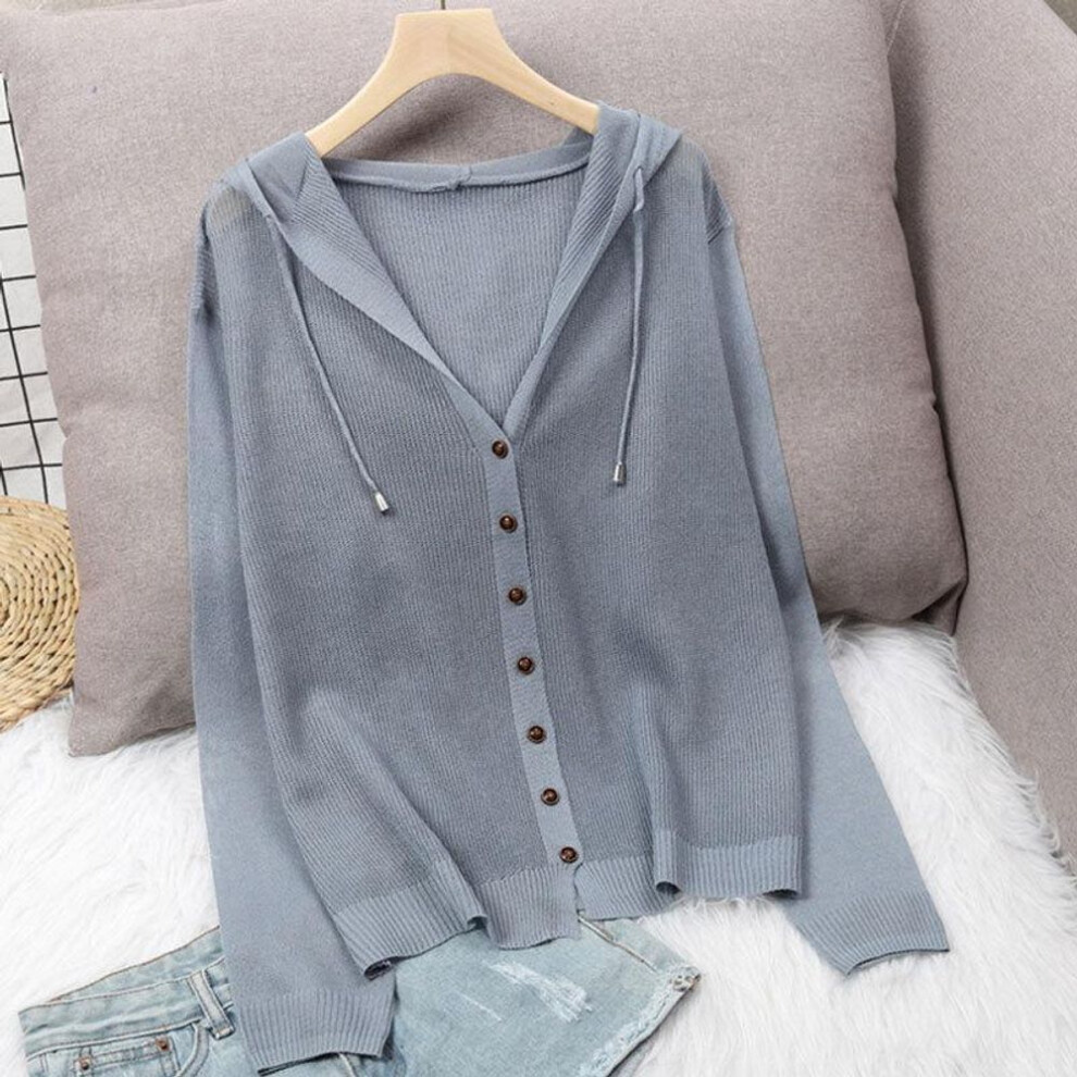 (blue, XL) Hooded Ice Silk Summer Knit Cardigan Jacket Women&apos;s Top Loose Thin Section Hollow Sunscreen Outer Wear