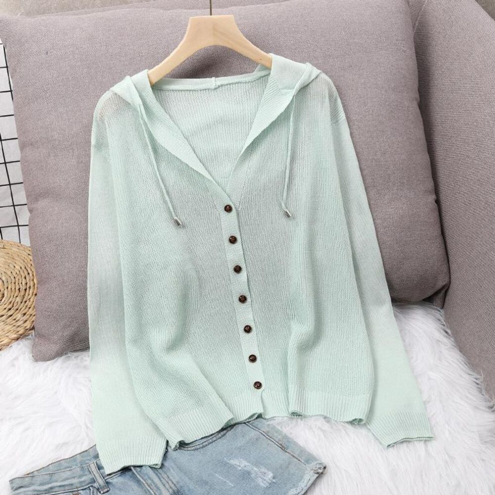 (green, 2XL) Hooded Ice Silk Summer Knit Cardigan Jacket Women&apos;s Top Loose Thin Section Hollow Sunscreen Outer Wear