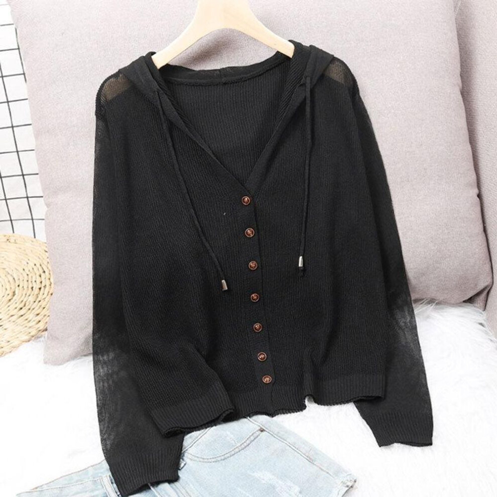 (black, 3XL) Hooded Ice Silk Summer Knit Cardigan Jacket Women&apos;s Top Loose Thin Section Hollow Sunscreen Outer Wear