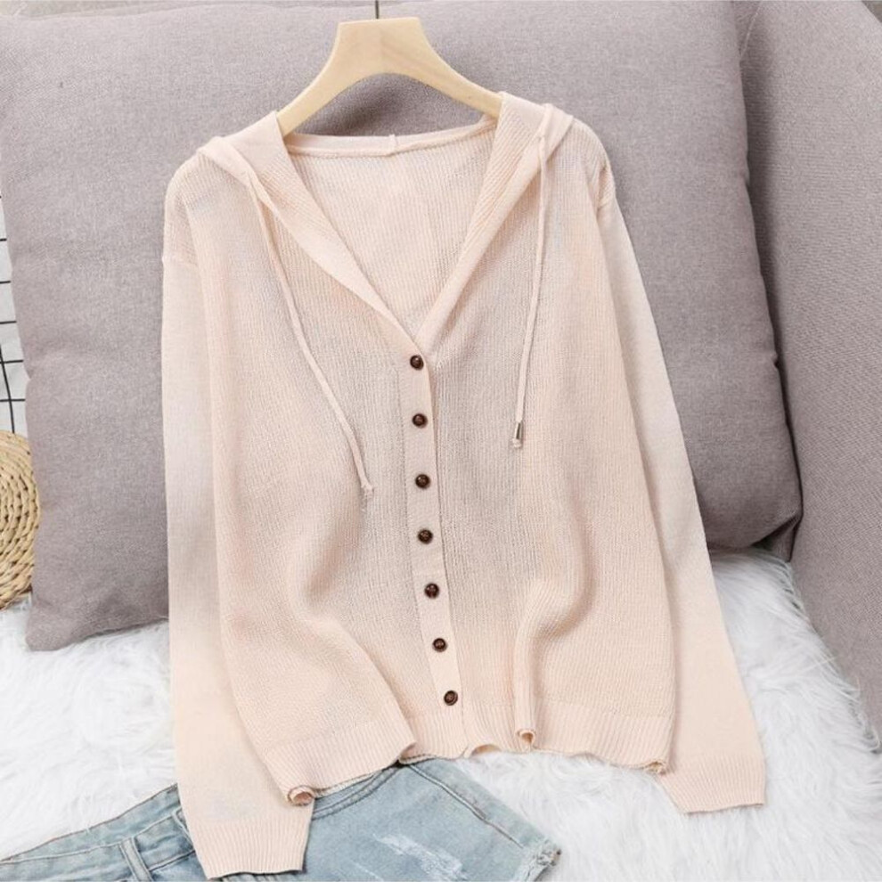 (beige, 2XL) Hooded Ice Silk Summer Knit Cardigan Jacket Women&apos;s Top Loose Thin Section Hollow Sunscreen Outer Wear