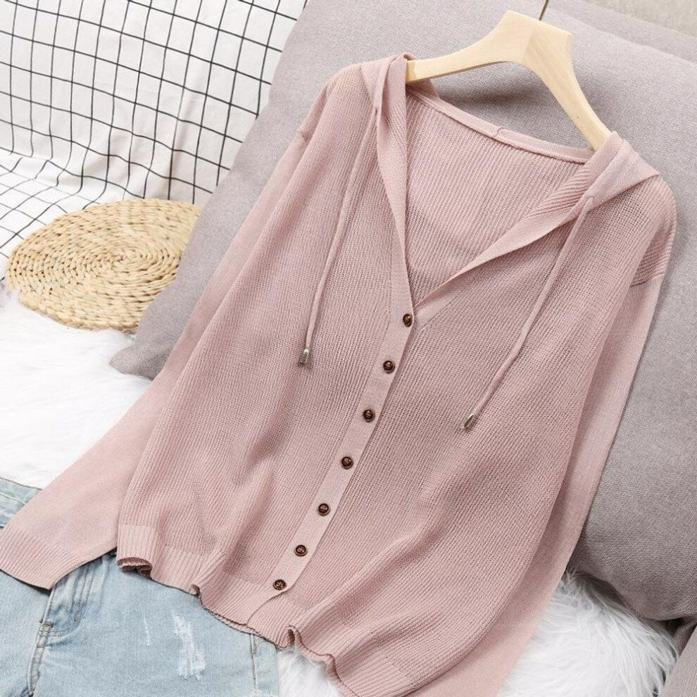 (pink, L) Hooded Ice Silk Summer Knit Cardigan Jacket Women&apos;s Top Loose Thin Section Hollow Sunscreen Outer Wear