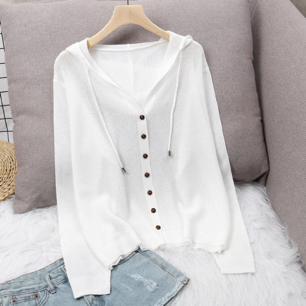 (white, 2XL) Hooded Ice Silk Summer Knit Cardigan Jacket Women&apos;s Top Loose Thin Section Hollow Sunscreen Outer Wear