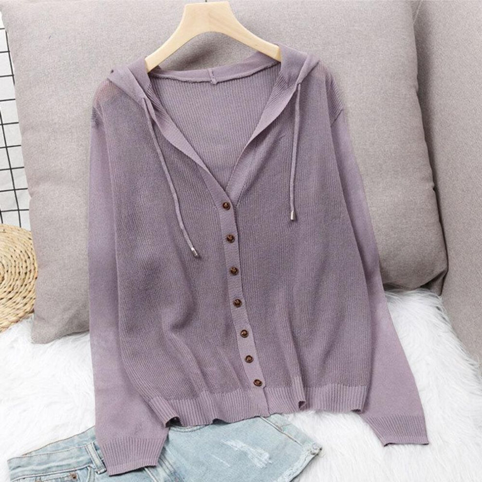(purple, XL) Hooded Ice Silk Summer Knit Cardigan Jacket Women&apos;s Top Loose Thin Section Hollow Sunscreen Outer Wear