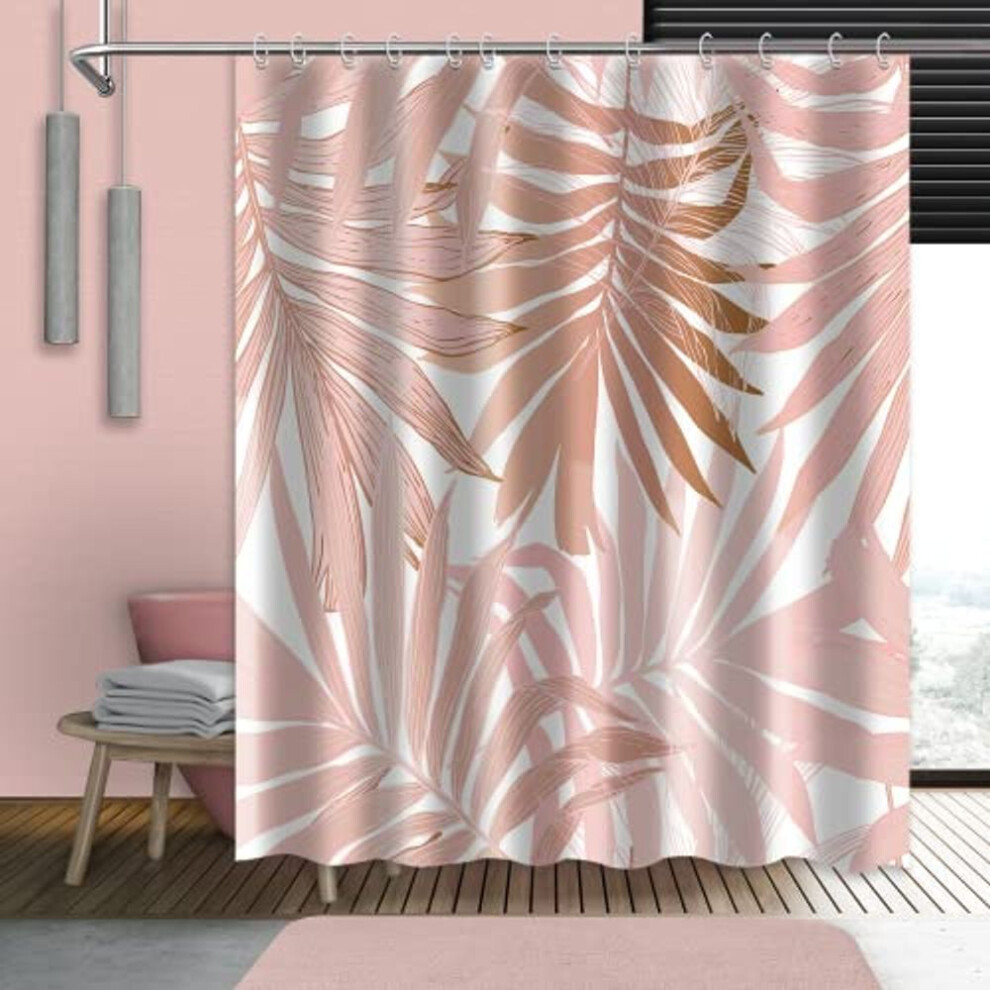 (150x180cm) Pink Shower Curtain Rose Gold Palm Leaves Modern Luxury Shower Curtains Fabric Waterproof With Hooks