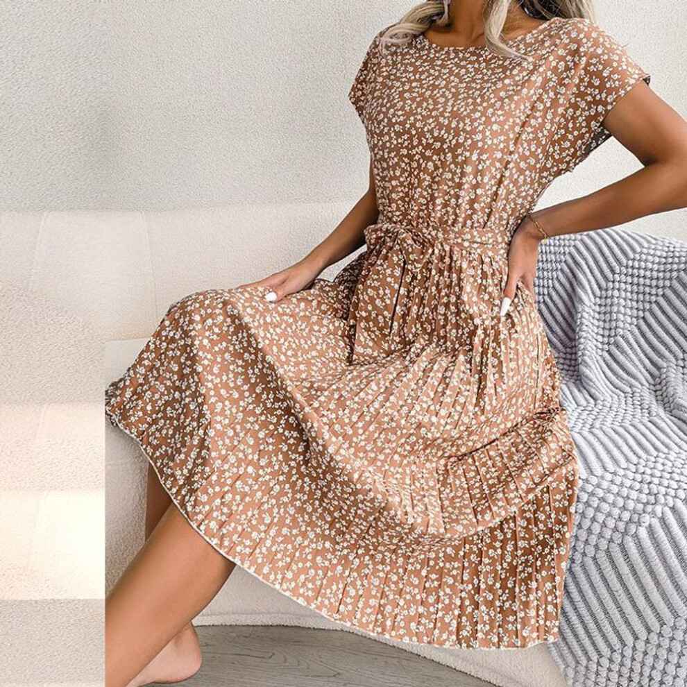 (brown, 4XL) Spring Summer Women Short Sleeve Floral Pleated High Waist A Line Long Dress S-XL