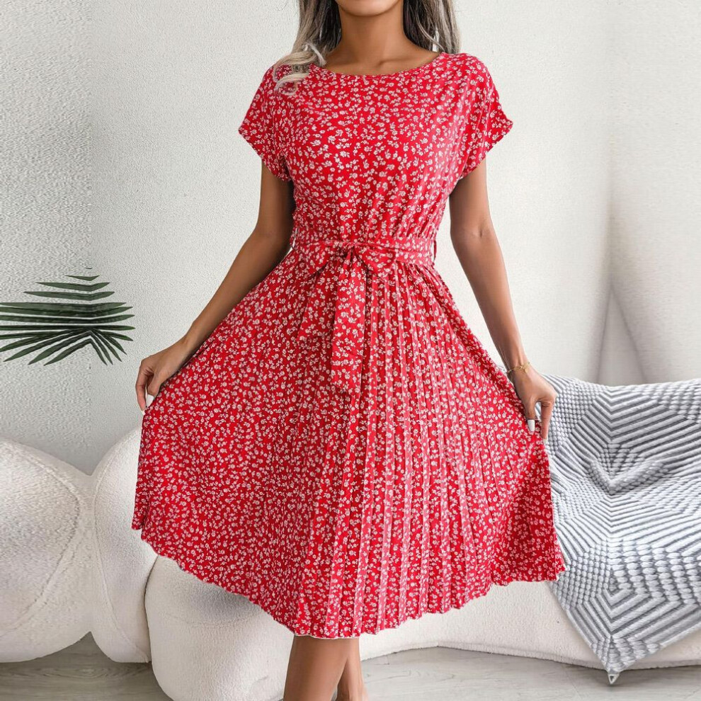 (red, 4XL) Spring Summer Women Short Sleeve Floral Pleated High Waist A Line Long Dress S-XL