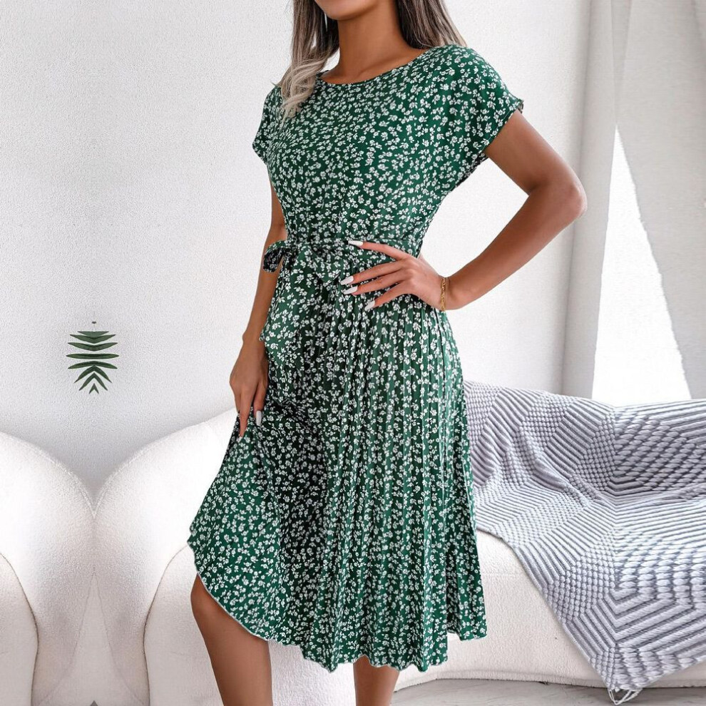 (green, L) Spring Summer Women Short Sleeve Floral Pleated High Waist A Line Long Dress S-XL