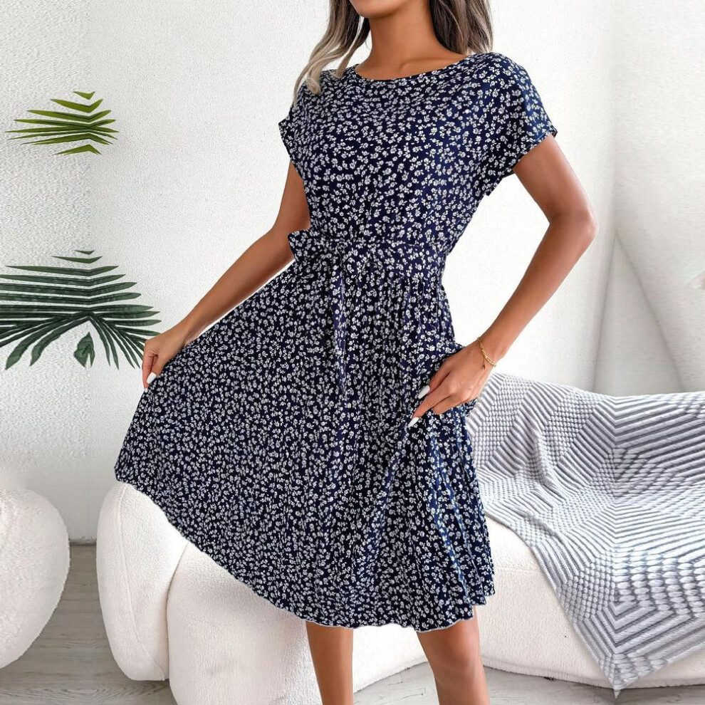(deep,blue, 4XL) Spring Summer Women Short Sleeve Floral Pleated High Waist A Line Long Dress S-XL