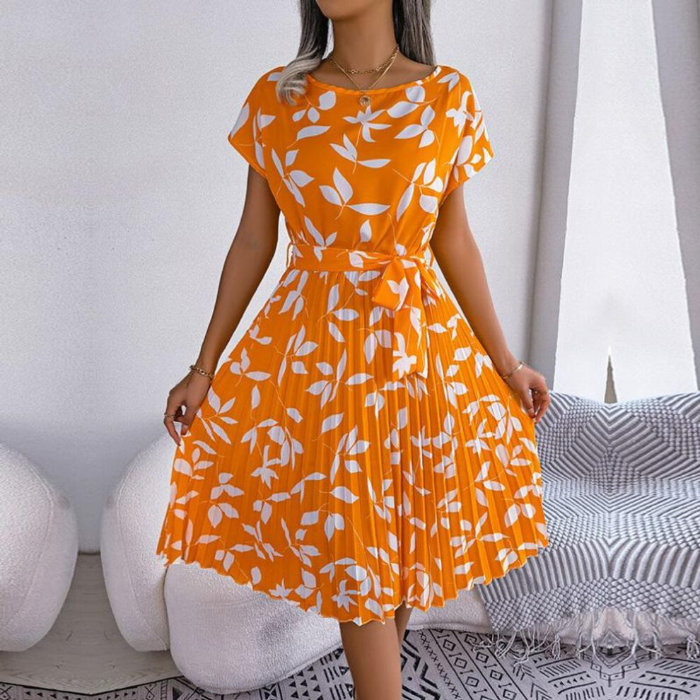 (yellow, S) Spring Summer Women Short Sleeve Floral Pleated High Waist A Line Long Dress S-XL