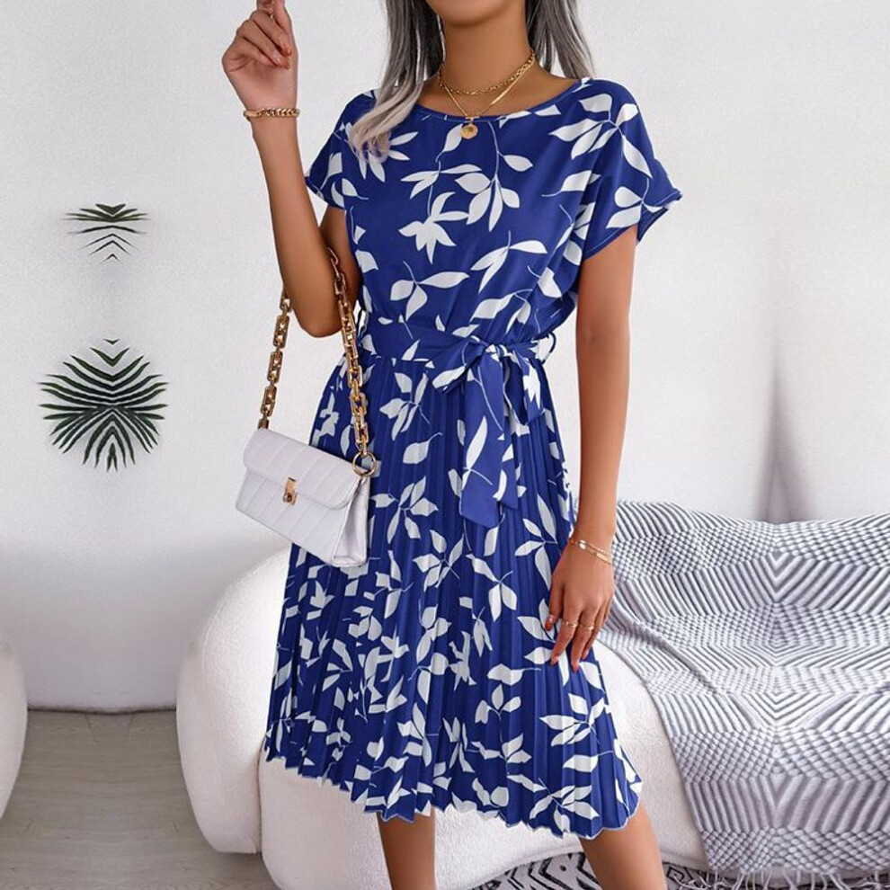 (navy blue, L) Spring Summer Women Short Sleeve Floral Pleated High Waist A Line Long Dress S-XL