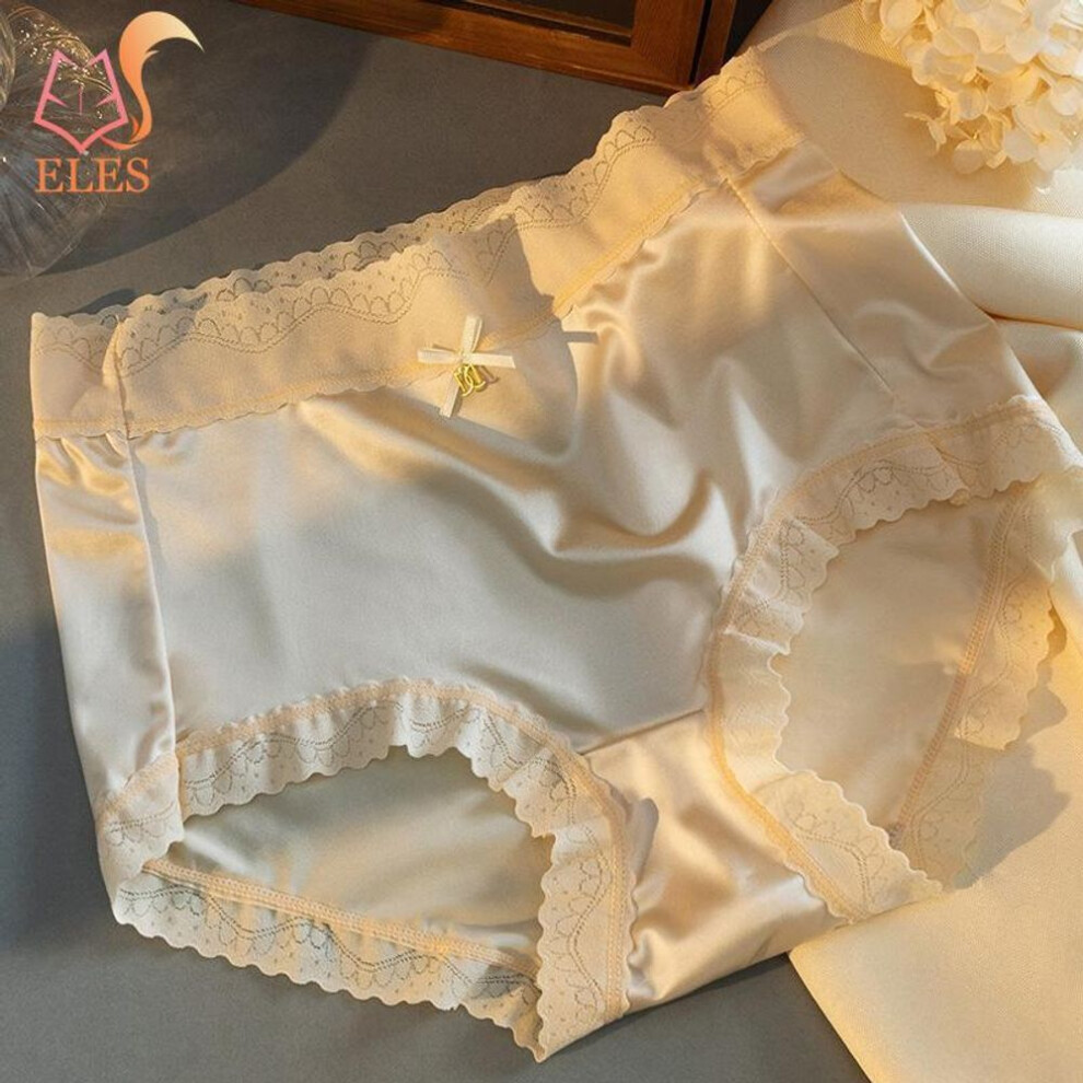 (beige, XL/2XL) Women Sexy Lace Underwear Ice Silk Seamless Panties Women Satin Lace Underwear Knickers Briefs