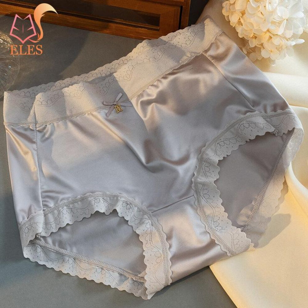 (grey, XL/2XL) Women Sexy Lace Underwear Ice Silk Seamless Panties Women Satin Lace Underwear Knickers Briefs