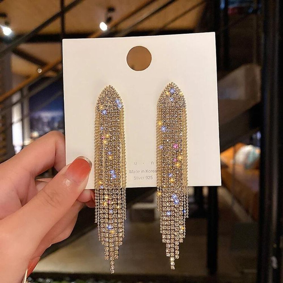 (gold) 1 Pair Ladies Exaggerated Long Tassels Rhinestone Earrings Fashion Earrings Party Jewelry