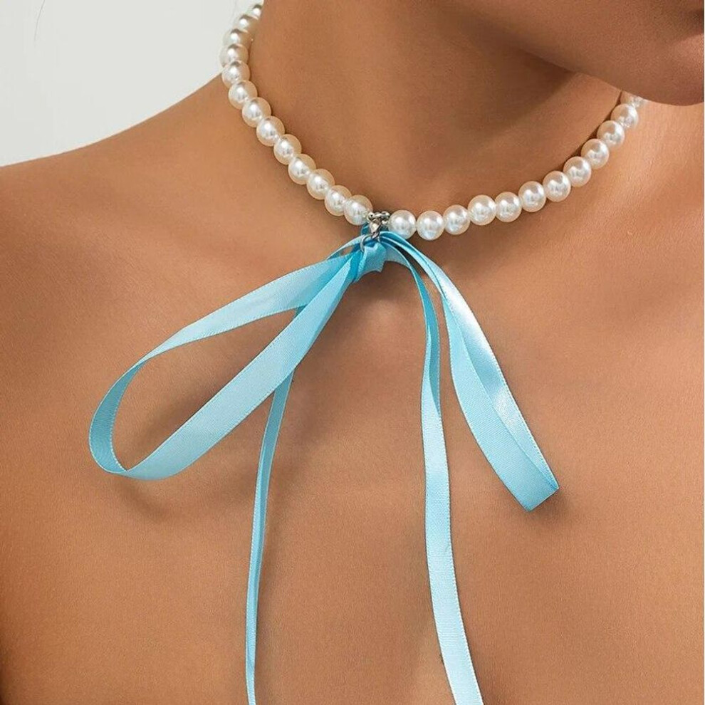(blue) Trend Wedding Party Jewelry Long Black Ribbon Choker Necklace For Women Elegant White Imitation Pearl Beach Vacation Necklaces