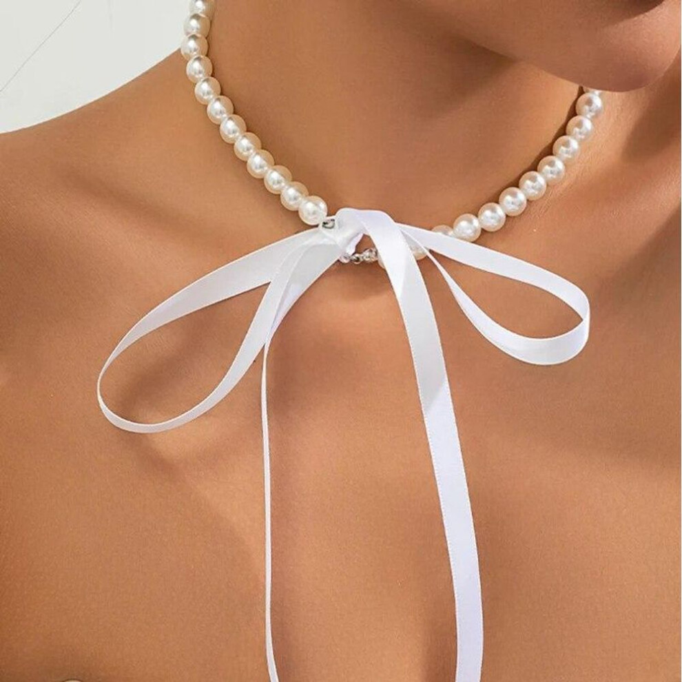 (white) Trend Wedding Party Jewelry Long Black Ribbon Choker Necklace For Women Elegant White Imitation Pearl Beach Vacation Necklaces