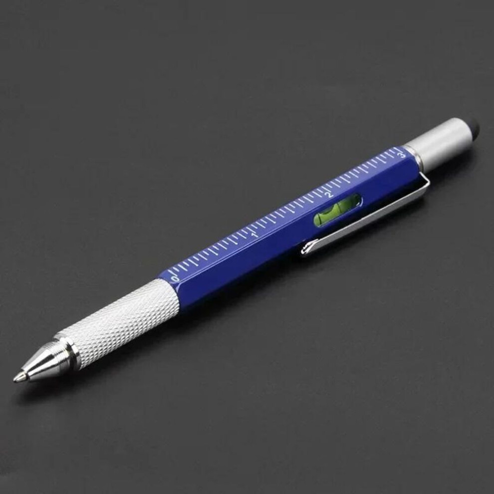 (blue) 7 In 1 Multifunctional Pen Touch Screen Stylus Capacitive Pen With Screwdriver Ruler Levelgauge Refillable Ballpoint Pencil Tool