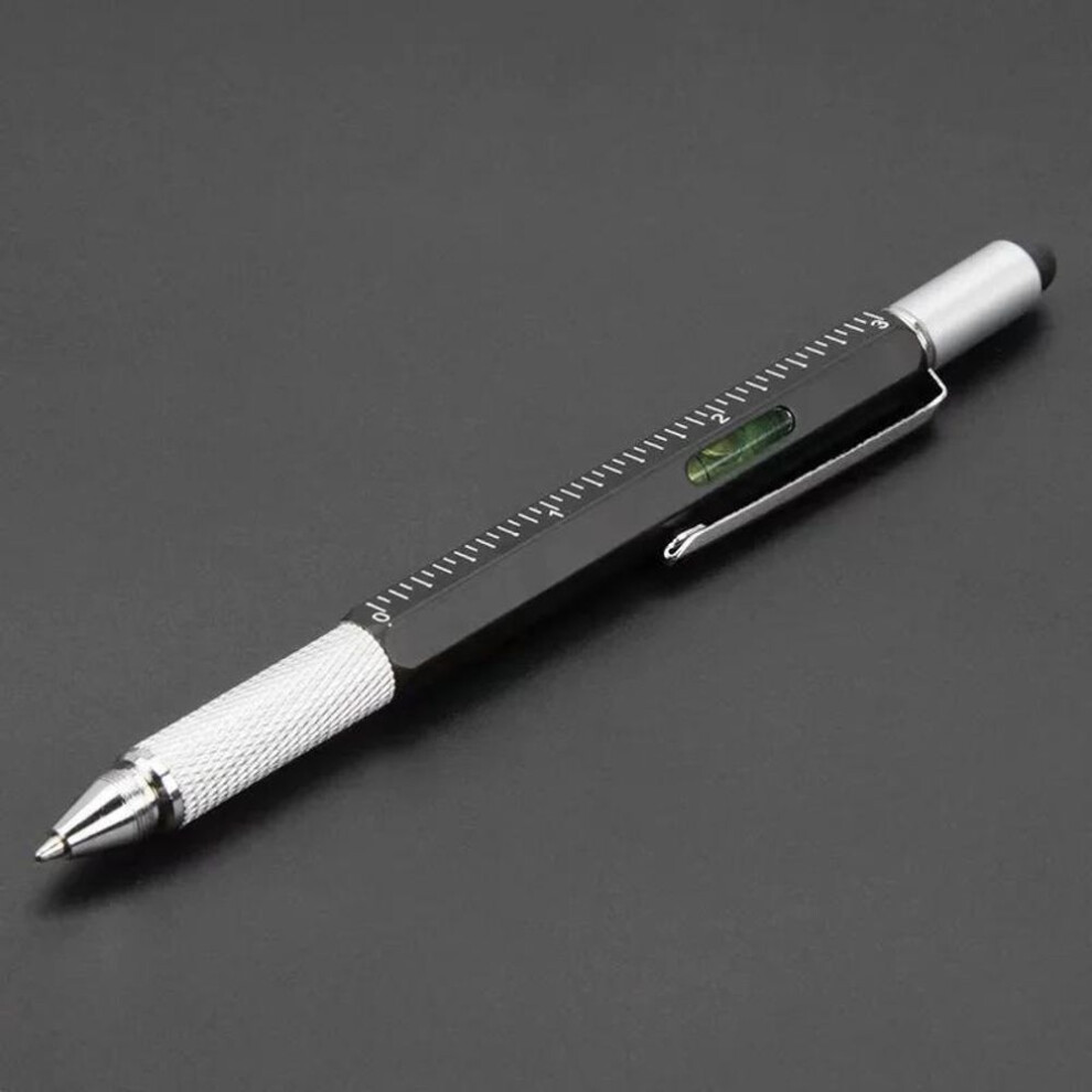 (black) 7 In 1 Multifunctional Pen Touch Screen Stylus Capacitive Pen With Screwdriver Ruler Levelgauge Refillable Ballpoint Pencil Tool