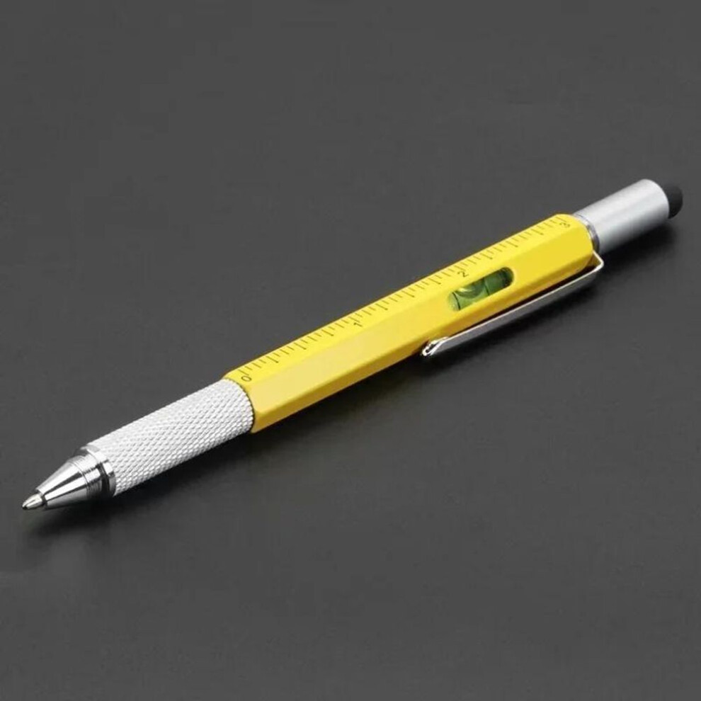(yellow) 7 in 1 Multifunctional Pen Touch Screen Stylus Capacitive Pen with Screwdriver Ruler Levelgauge Refillable Ballpoint Pencil Tool