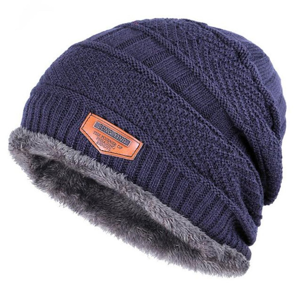 (navy blue) 2021 New Solid Color Knit Beanie Hat Men&apos;s Winter Hats Boy Warm Plus Velvet Thicken Hedging Cap Skullies Wool Caps Bone Male