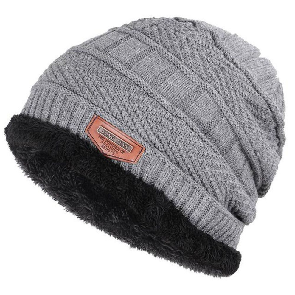 (grey) 2021 New Solid Color Knit Beanie Hat Men&apos;s Winter Hats Boy Warm Plus Velvet Thicken Hedging Cap Skullies Wool Caps Bone Male