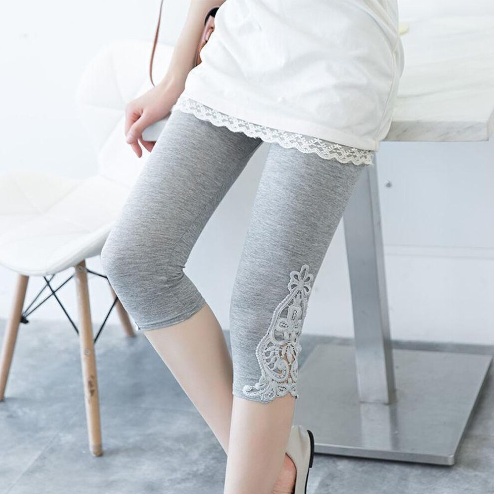 (grey, L) Women Lace Hollow Leggings Female Short Mid Calf Capris Skinny Pants