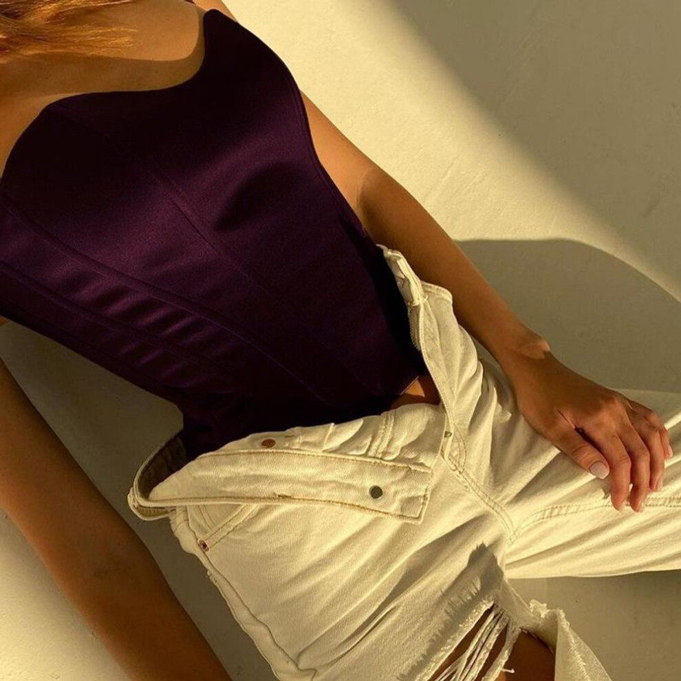 (dark purple, M) Sexy Women Tube Tops Solid Sleeveless Slim Skinny Corset Cropped Top  Summer Casual Elegant Female Strapless Vest