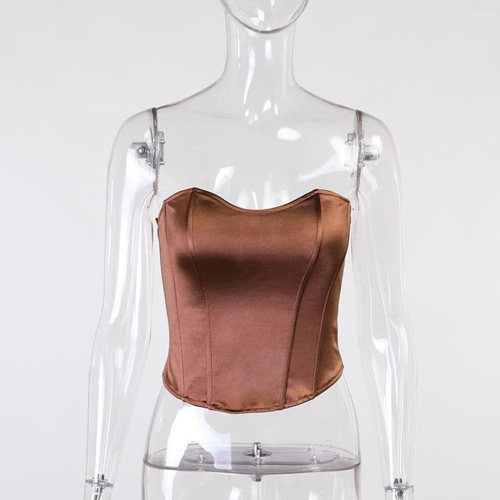 (brown, M) Sexy Women Tube Tops Solid Sleeveless Slim Skinny Corset Cropped Top  Summer Casual Elegant Female Strapless Vest