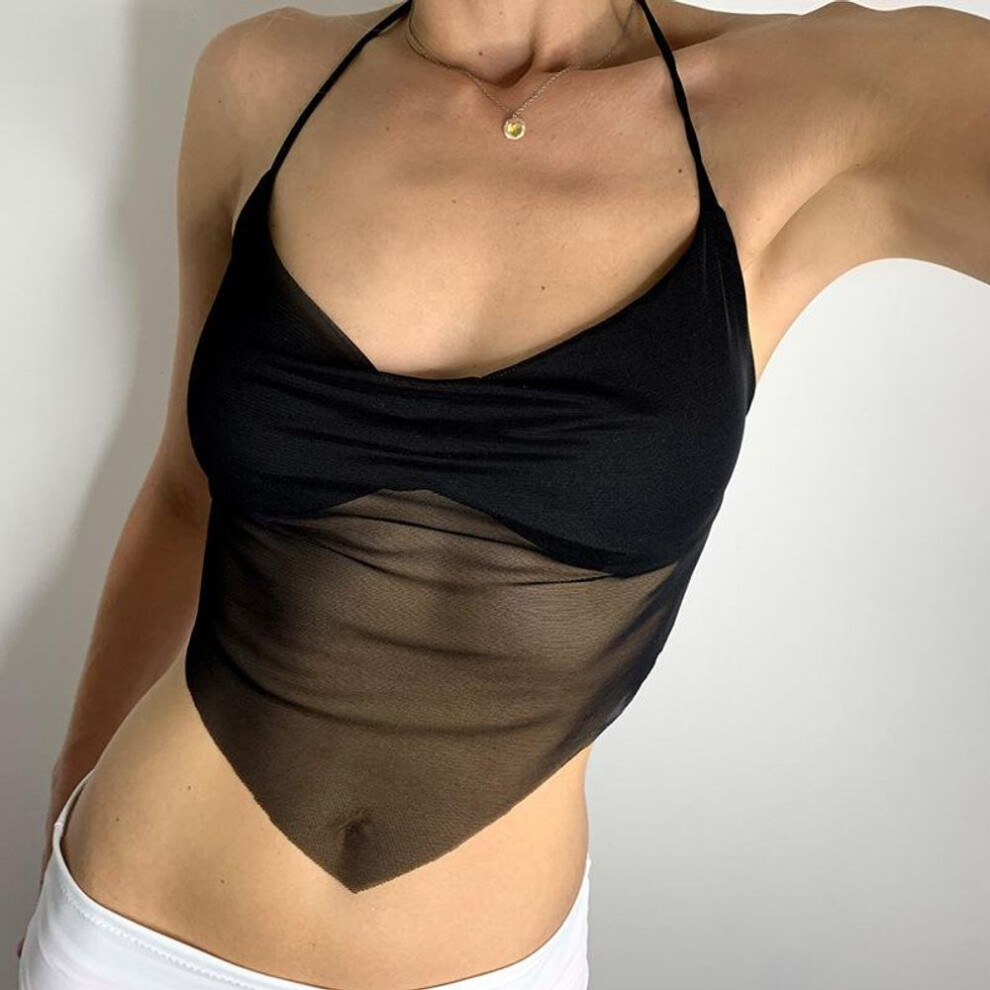 (black, One size) Sexy Transparent Mesh Halter Tops Women V-neck Backless Korean Solid Crop Tops Fashion Korean Camisole 90s Tee