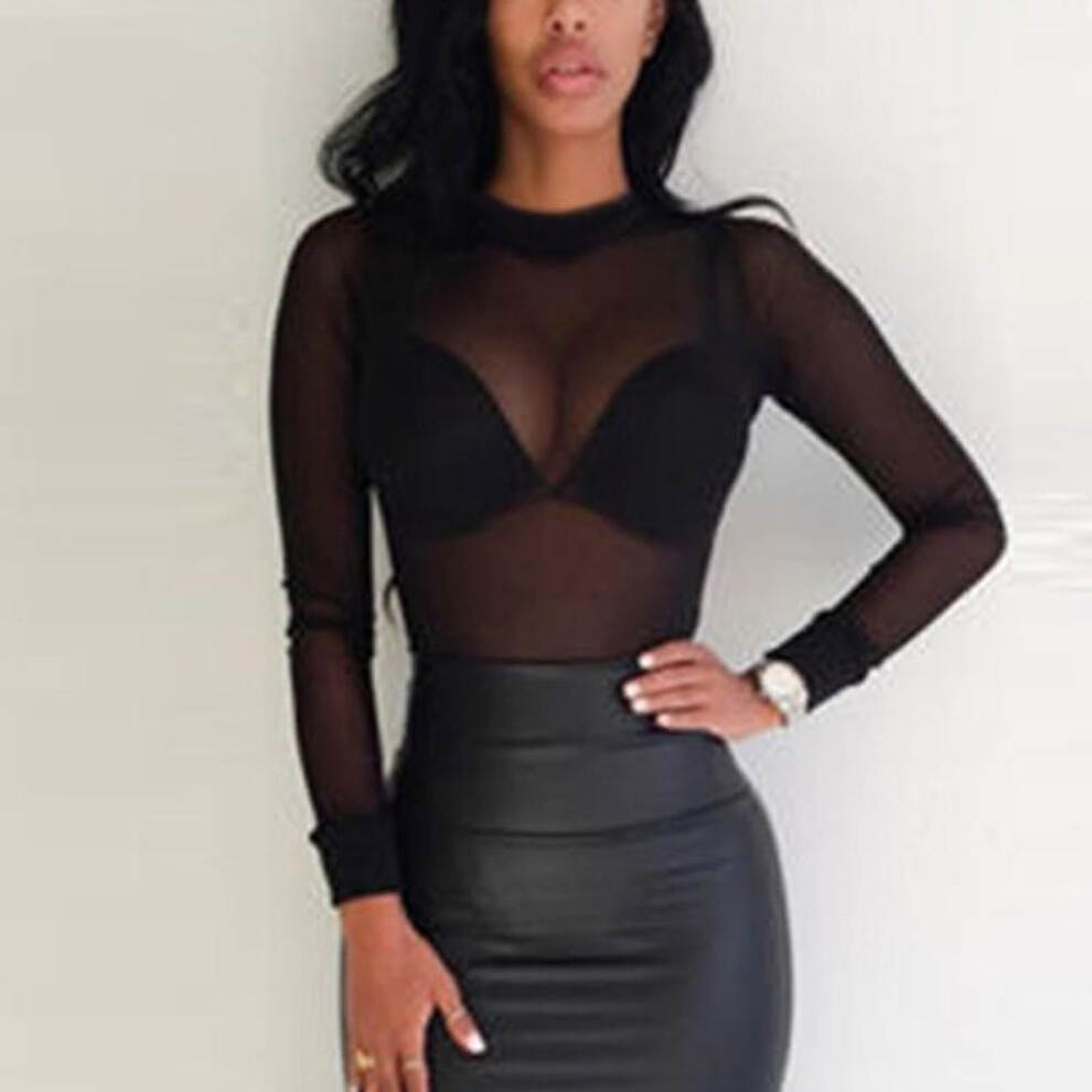 (black, L) Sexy Women T Shirt See Through Transparent Mesh Tops Long Sleeve Sheer Slim Ladies Turtleneck T-shirt