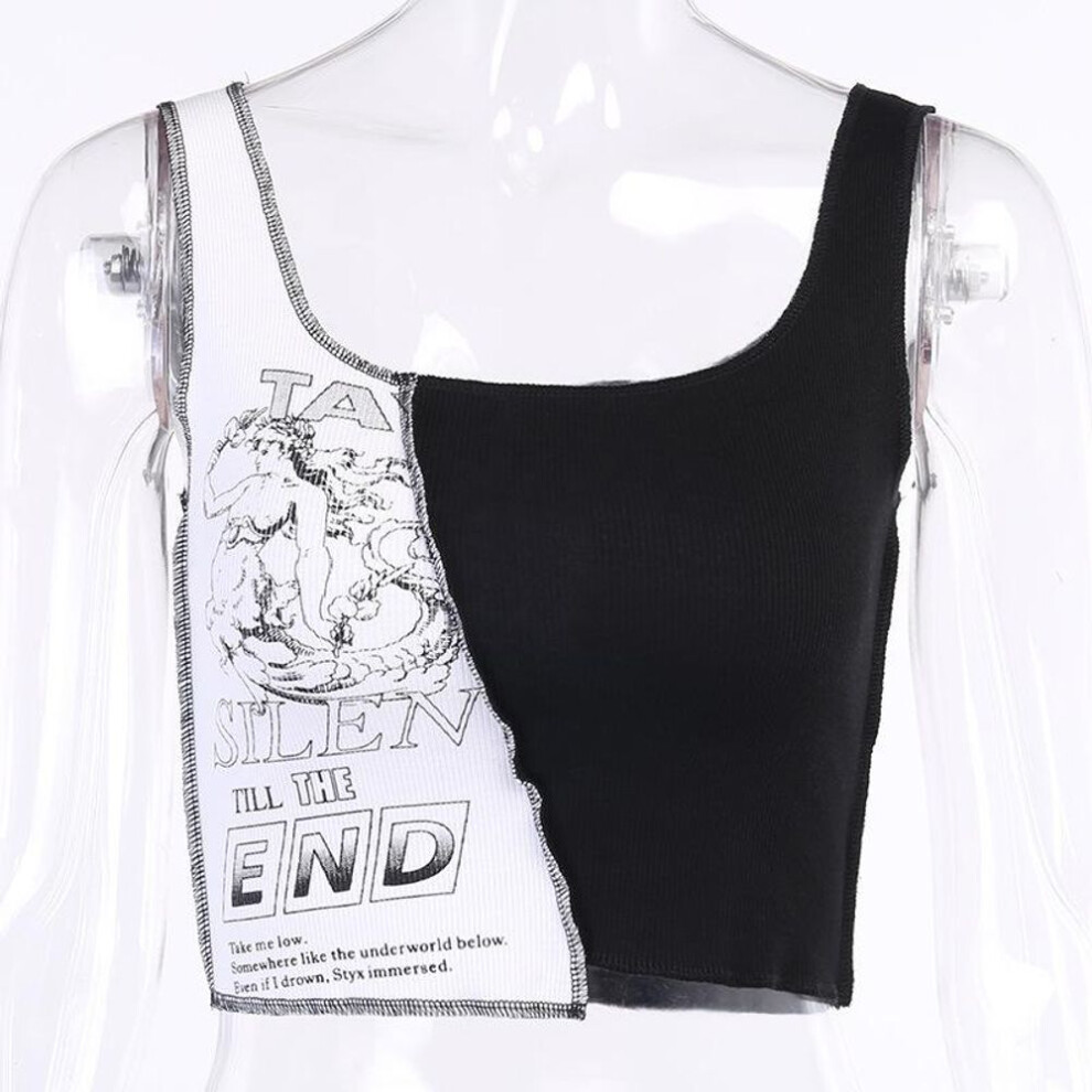 (black, L) Punk Style Patchwork Tank Tops Aesthetic Letter And Graphic Print Women Crop Top Color Blocking Sleeveless Streetwea