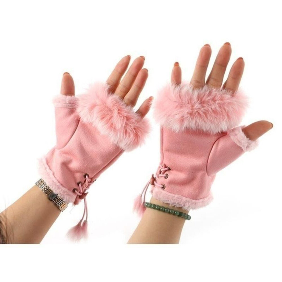 (pink) New Fashion Women&apos;s Faux Rabbit Fur Hand Wrist Warmer Half Finger Gloves Winter Glove