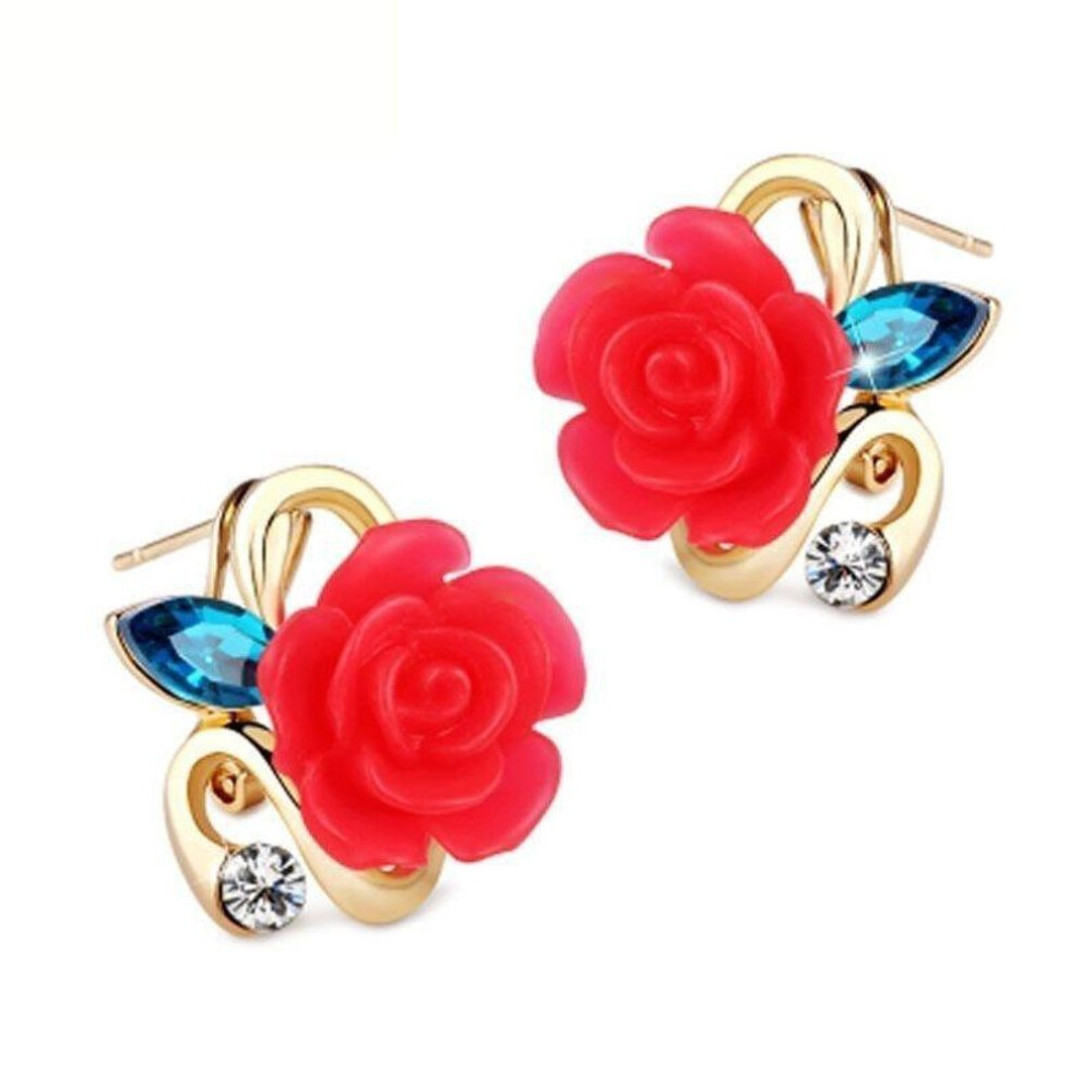 (red) Fashion and Elegant Ladies Rose Earrings Dual-use Clip-on Flower Tassel Earrings Jewelry