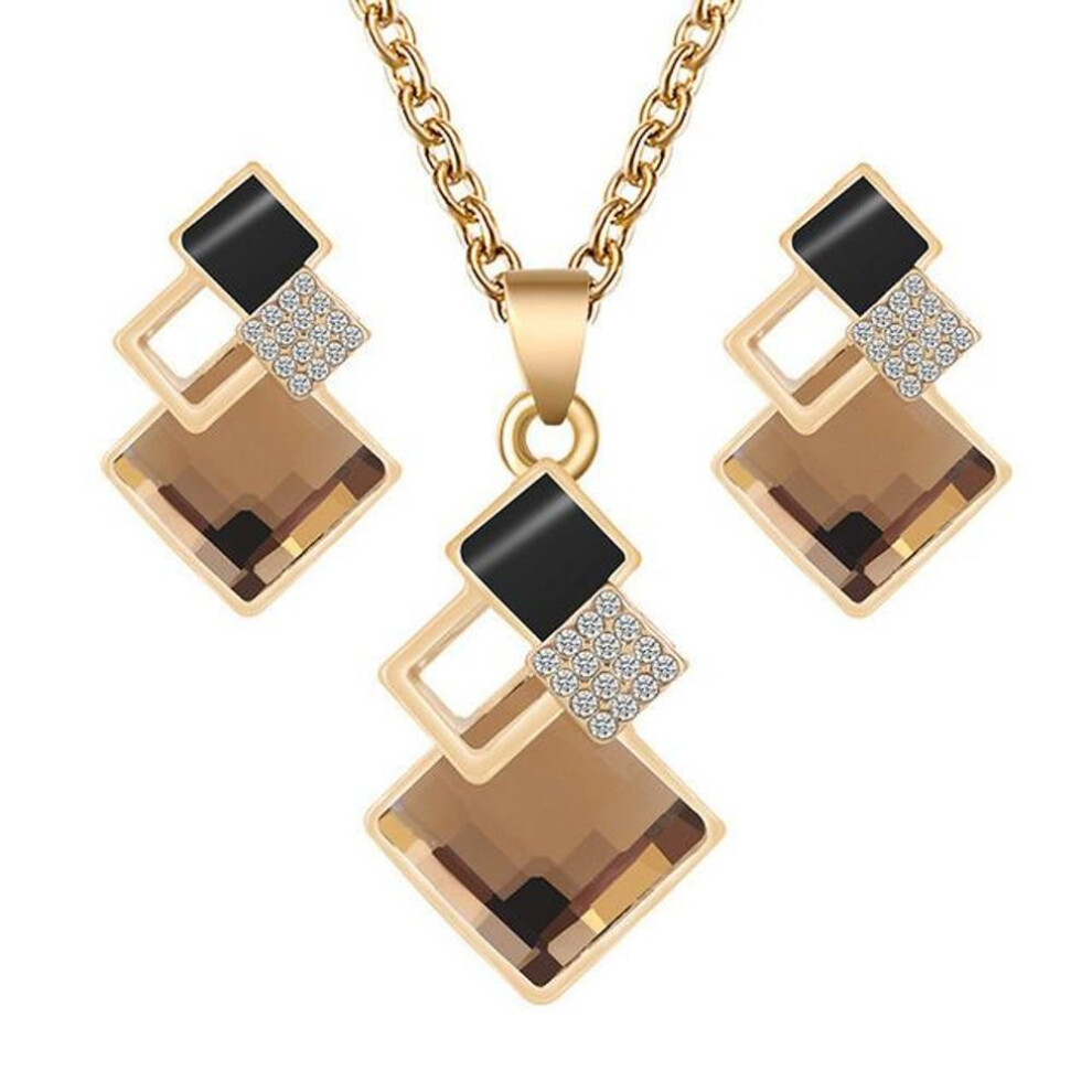 (coffee) Fashion Crystal Pendants Necklace Earrings Sets For Women Jewelry Set Bridal Wedding Earring Necklace Set