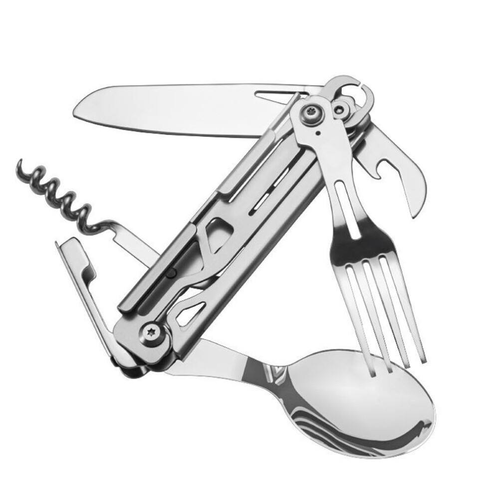 (as the picture) Outdoor Folding Tableware Stainless Steel Portable Knife Fork Camping Cutlery Spoon Bottle Opener Outdoor Tool Kit