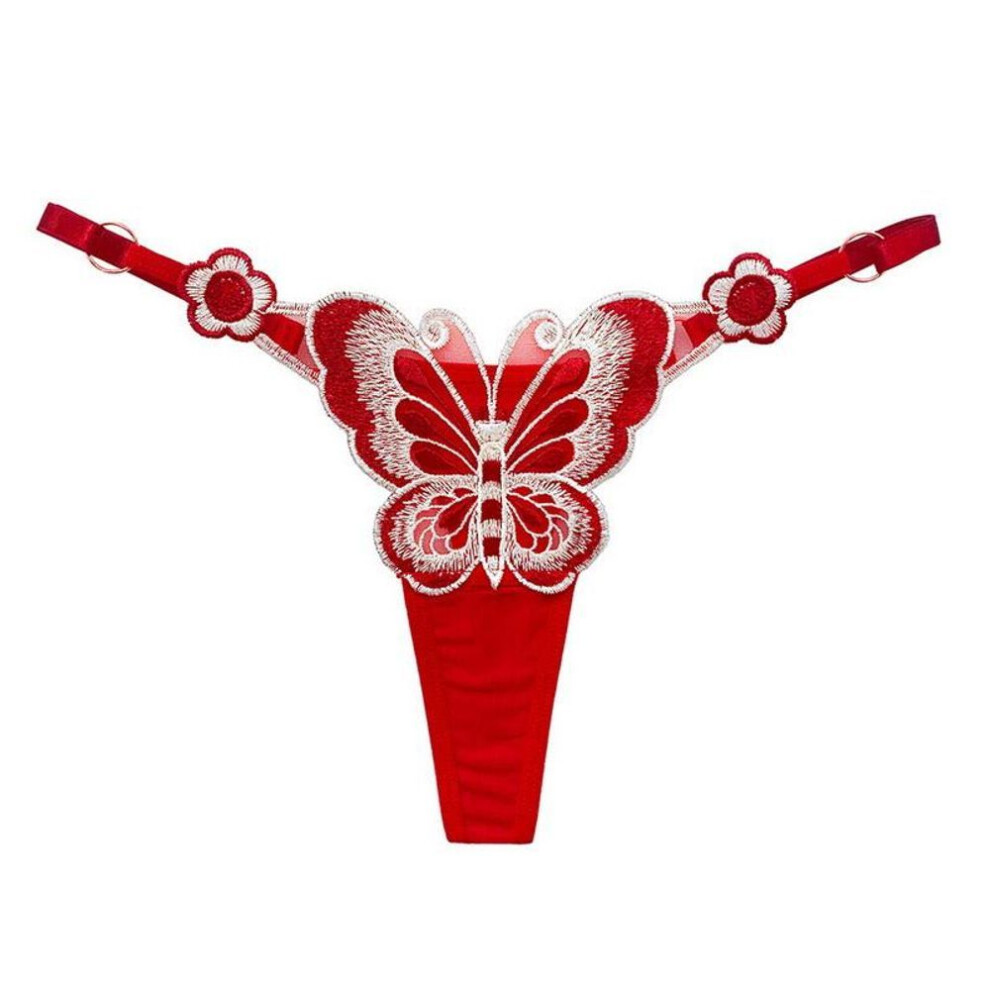 (red) Cute Butterfly Embroidery Women Thongs G Strings Sexy Briefs Adjustable Waist Panties