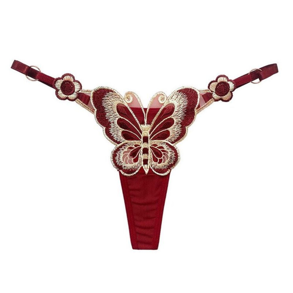 (wine red) Cute Butterfly Embroidery Women Thongs G Strings Sexy Briefs Adjustable Waist Panties