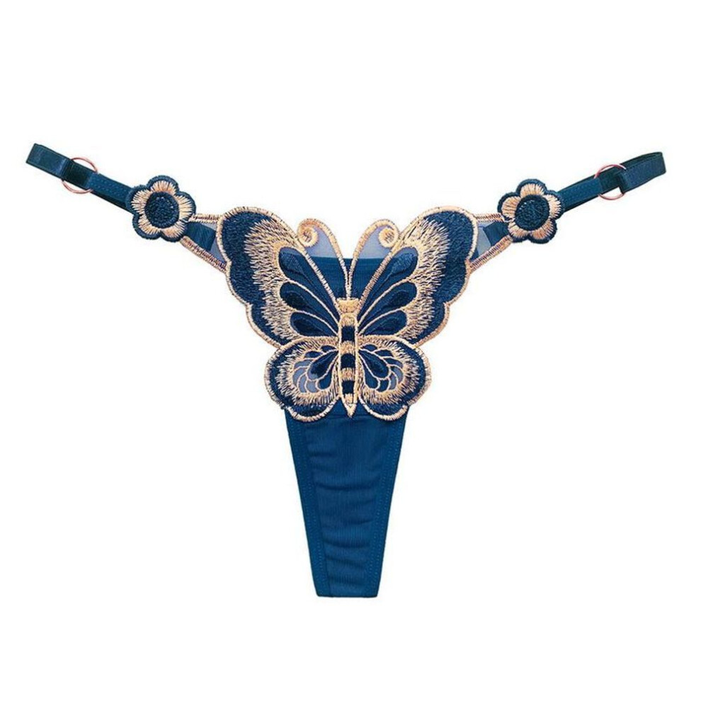 (blue) Cute Butterfly Embroidery Women Thongs G Strings Sexy Briefs Adjustable Waist Panties