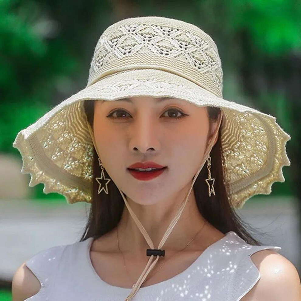 (beige, 56-59cm) Wtempo Summer Foldable Hats For Women Korean Large Brim Sun Protection Hats Vacation Travel Seaside Cool Hats