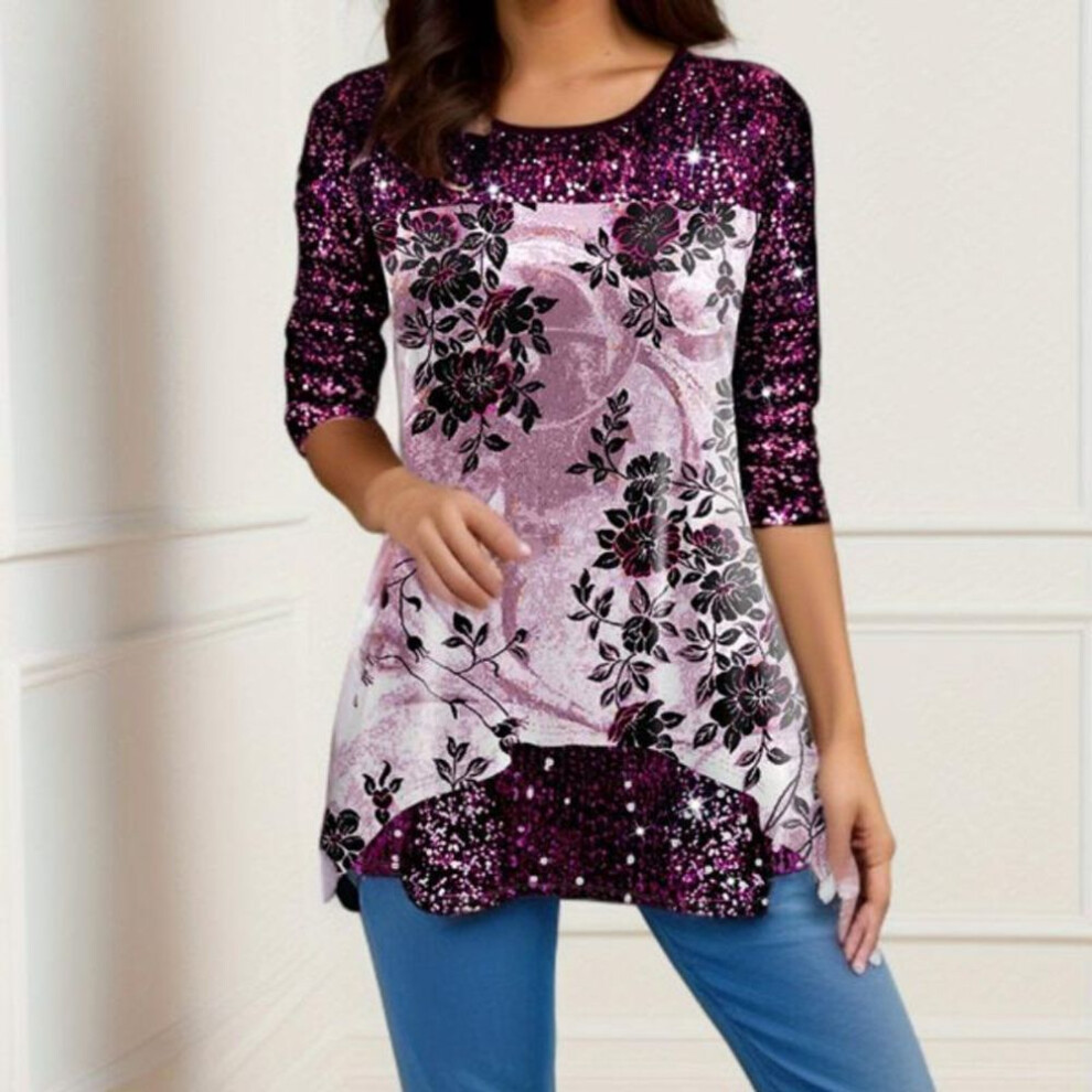 (purple, L) YYFS Women's Casual Spring Fall Flower Pattern Blouses