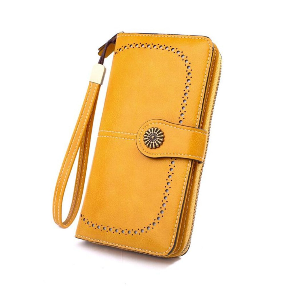 (yellow) Brand Hollow Women Wallet Clutch Leather Female Long Wallet Women Zipper Purse Strap Money Bag