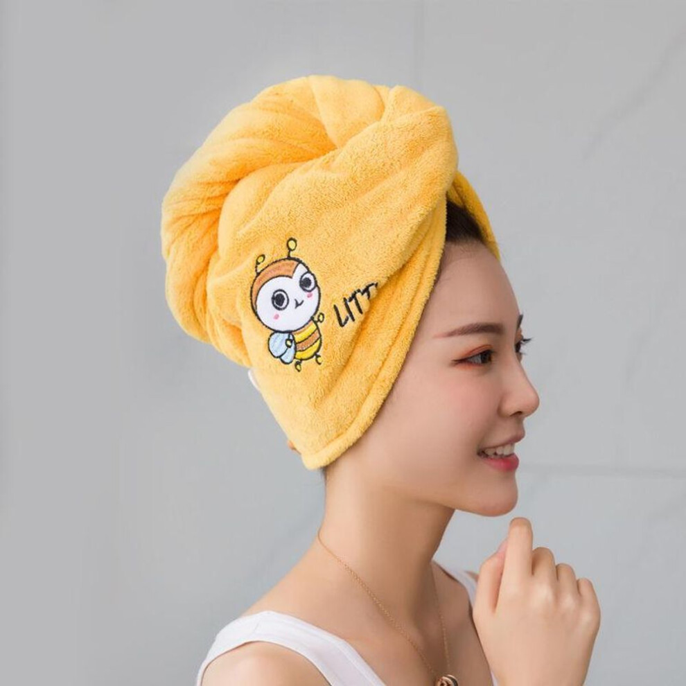 (yellow, Double layer Thickening) Magic Microfiber Shower Cap Embroidery Towel Bath Hats Dry Hair Cap Quick Drying Soft For Lady Turban Head