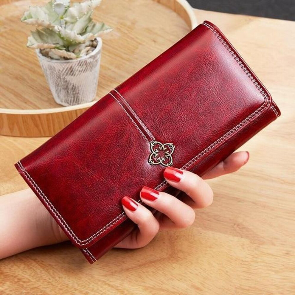 (red) Women&apos;s Wallet Retro Wax Oil Skin Wallet Portfel Damski Lady Long Leather Clutch Bag Wallet high-quality purse Card Holder