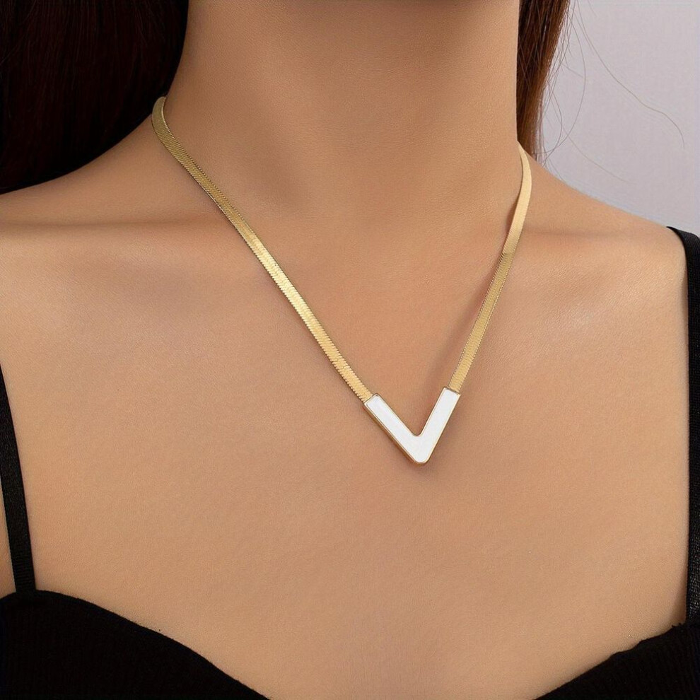 (white) 18K Gold Plated Personality V-Shaped Pendant Necklace Simple Style Jewelry Gift Women&apos;s Accessories