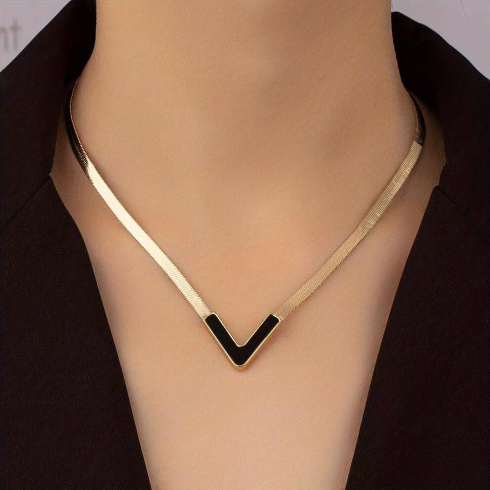 (black) 18K Gold Plated Personality V-Shaped Pendant Necklace Simple Style Jewelry Gift Women&apos;s Accessories