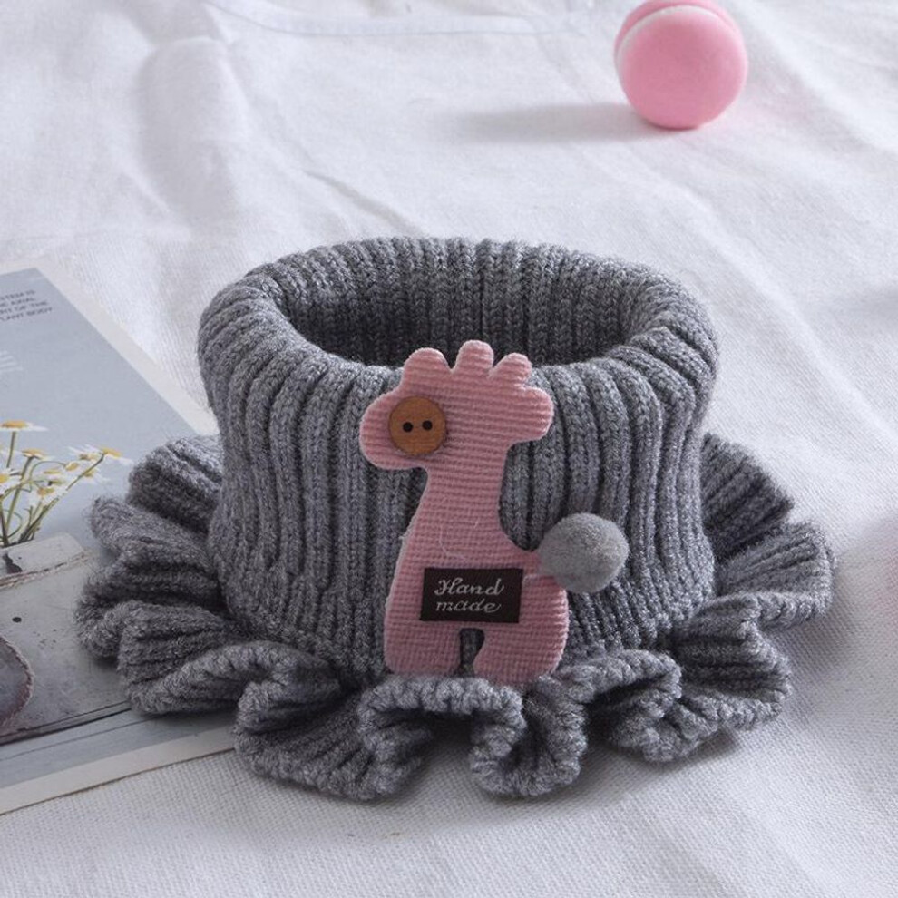 (grey) Knitted Scarf Cartoon Giraffe Ruffle Neck Girls Kids Warm Scarves Collar Circle Outdoor Winter Scarfs